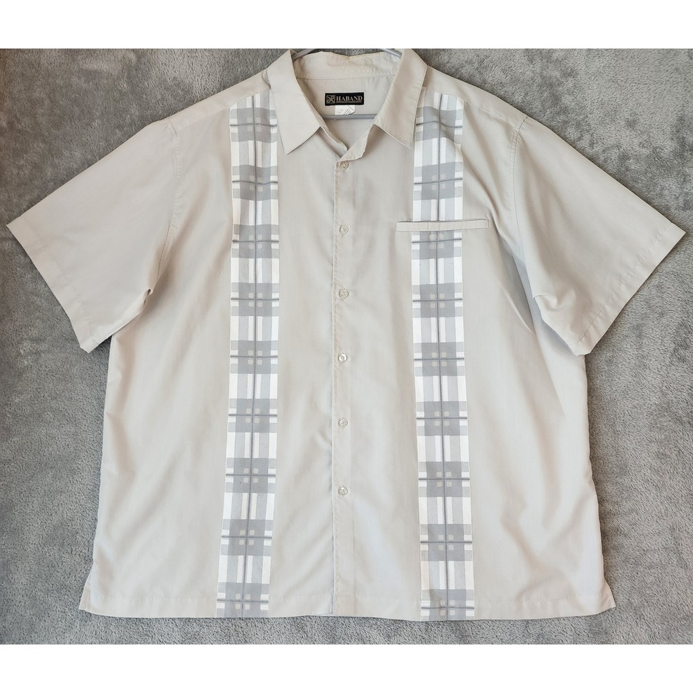 Haband Mens Shirt 2XL Gray Short Sleeve Button Down Plaid Panel Camp Vintage